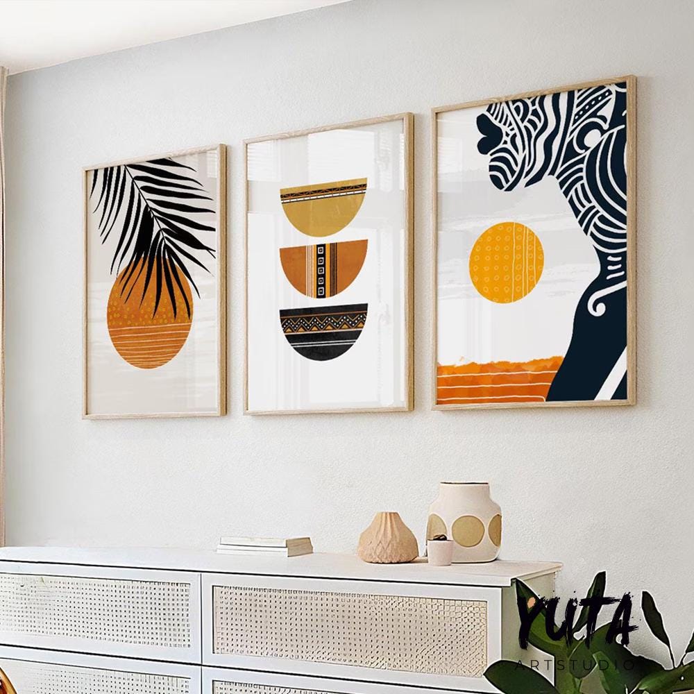 Set of 3 boho African American prints with mid century modern ethnic style for bedroom or living room wall decoration
