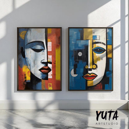 Contemporary african wall art set of 2 prints. Abstract woman, man portrait wall art, colorful above bed art, aesthetic room decor