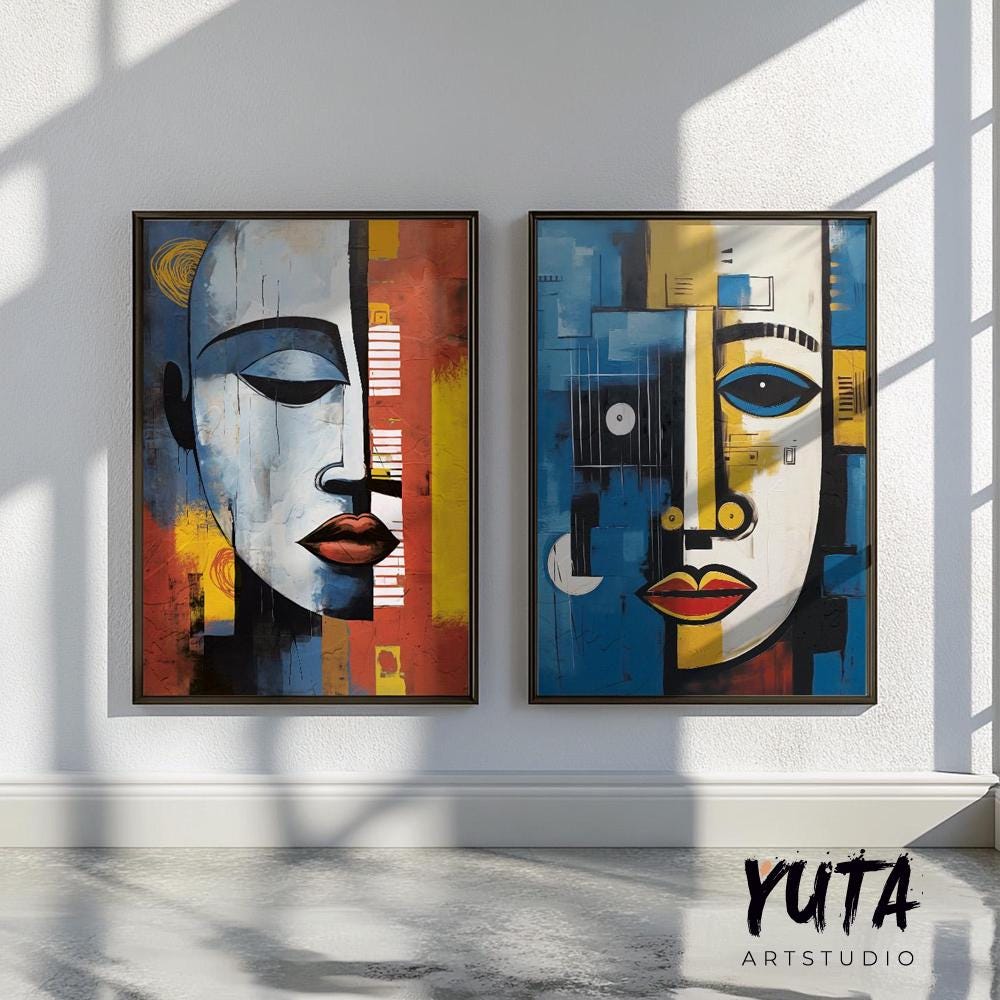 Contemporary african wall art set of 2 prints. Abstract woman, man portrait wall art, colorful above bed art, aesthetic room decor
