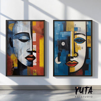 Contemporary african wall art set of 2 prints. Abstract woman, man portrait wall art, colorful above bed art, aesthetic room decor
