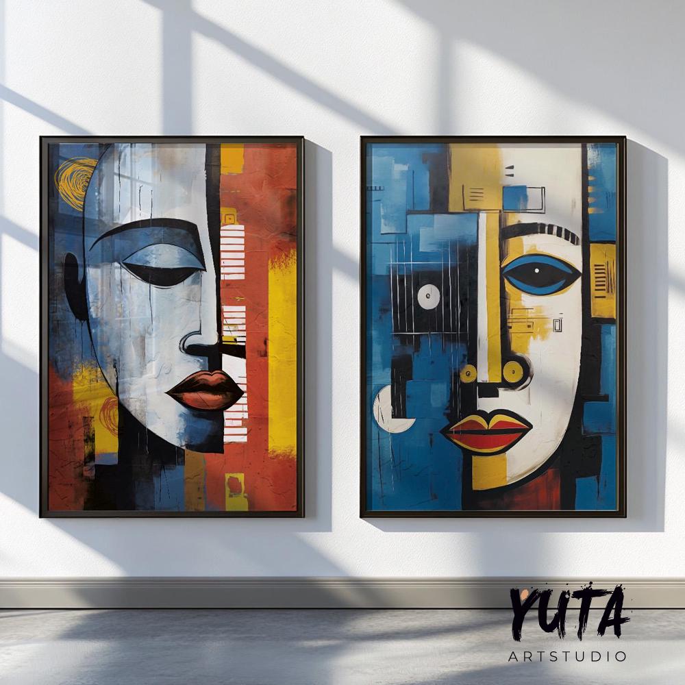 Contemporary african wall art set of 2 prints. Abstract woman, man portrait wall art, colorful above bed art, aesthetic room decor