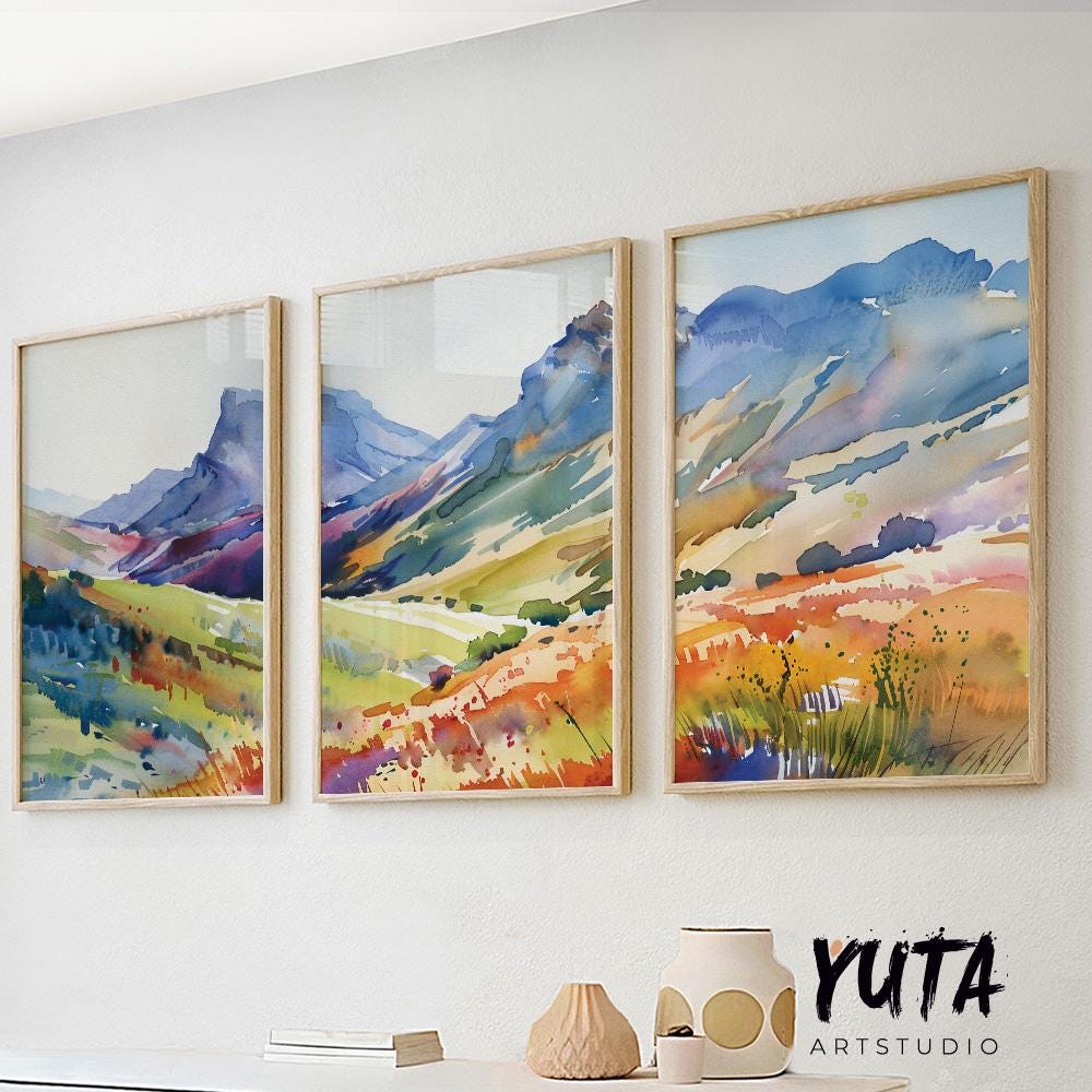 Bright colorful mountain wall art set of 3 print, minimalist bright landscape posters, abstract nature gallery wall set, aestetic room decor