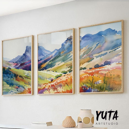 Bright colorful mountain wall art set of 3 print, minimalist bright landscape posters, abstract nature gallery wall set, aestetic room decor