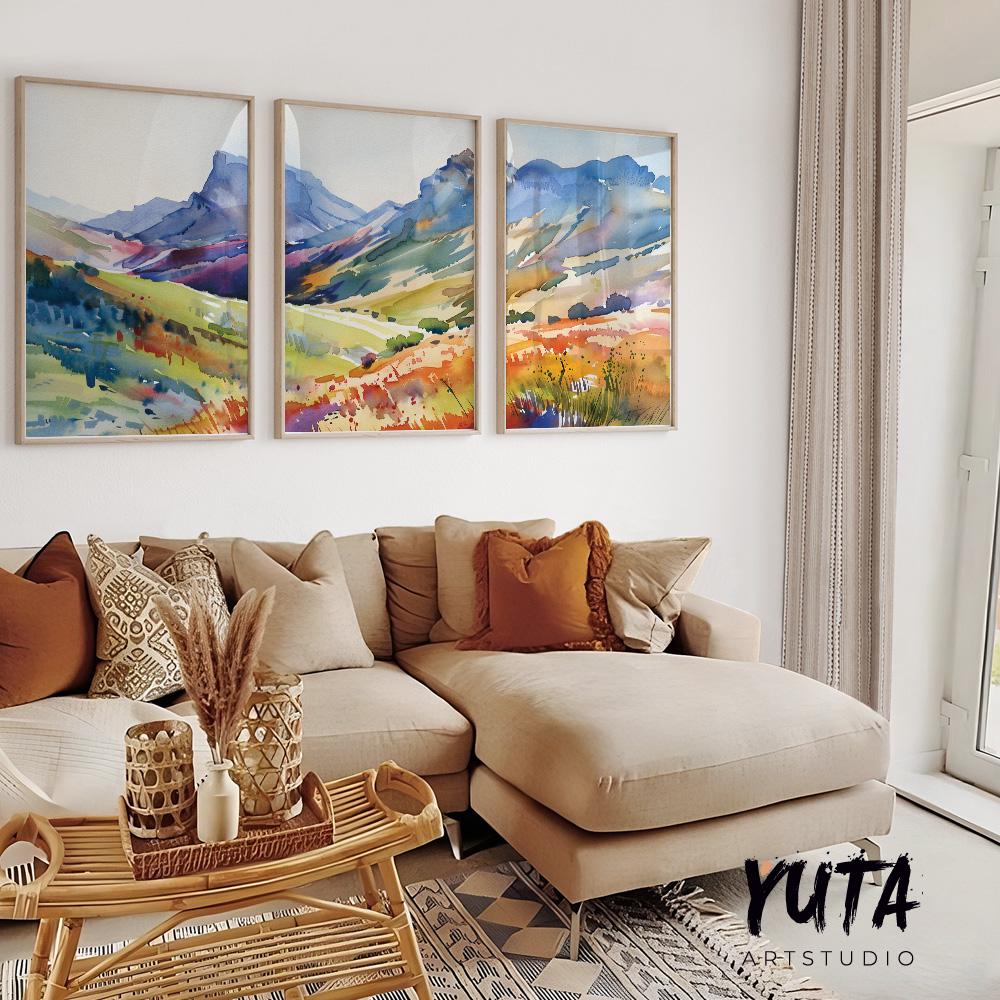 Bright colorful mountain wall art set of 3 print, minimalist bright landscape posters, abstract nature gallery wall set, aestetic room decor