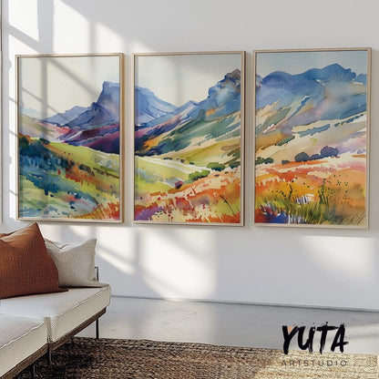 Bright colorful mountain wall art set of 3 print, minimalist bright landscape posters, abstract nature gallery wall set, aestetic room decor