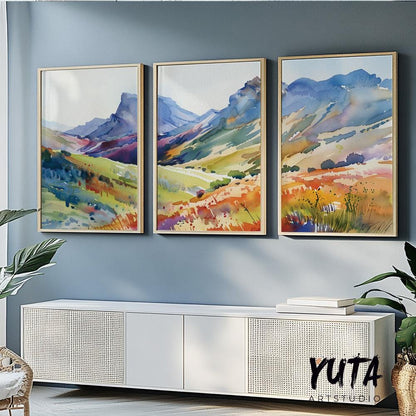 Bright colorful mountain wall art set of 3 print, minimalist bright landscape posters, abstract nature gallery wall set, aestetic room decor