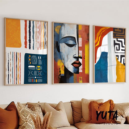 African american art set of 3 prints. Abstract wall art, colorful large gallery wall set. Modern abstract painting, above bed africa art