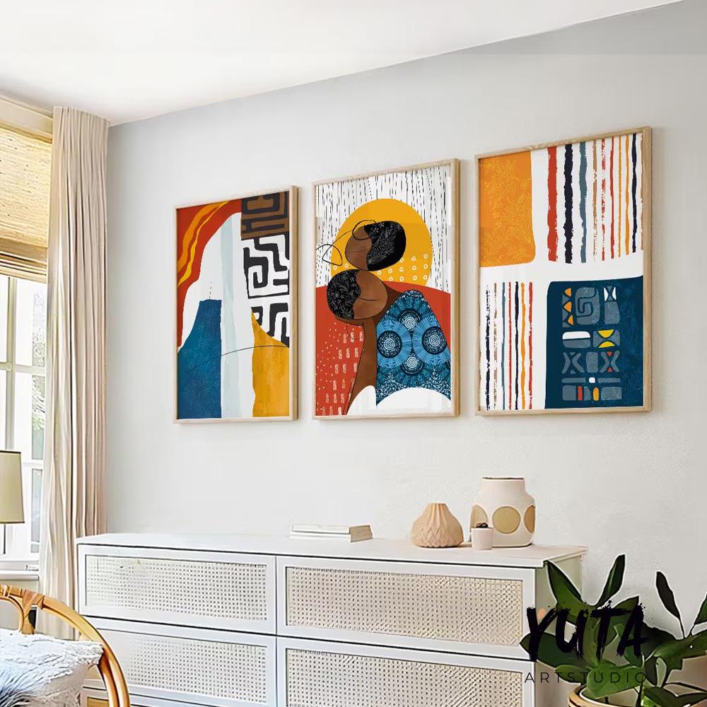 African american art set of 3 print. Abstract black woman art, ethnic gallery wall set Modern colorful minimalist above bed african wall art