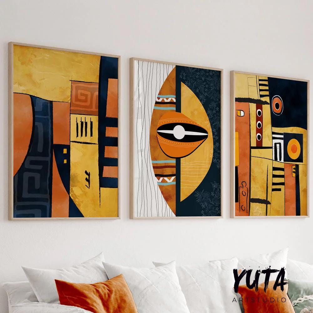 Abstract African American gallery wall set of 3 prints, vibrant black women portrait posters for modern ethnic interiors.