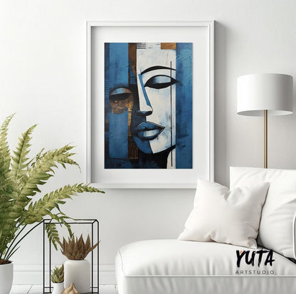 Navy blue grey woman abstract painting print. Contemporary african american art. Modern woman portrait, minimalist living room decor