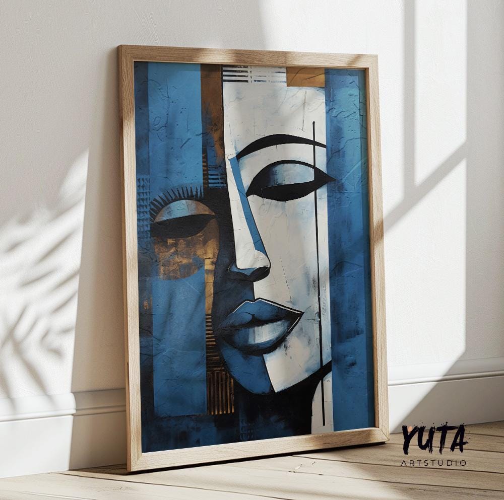 Navy blue grey woman abstract painting print. Contemporary african american art. Modern woman portrait, minimalist living room decor