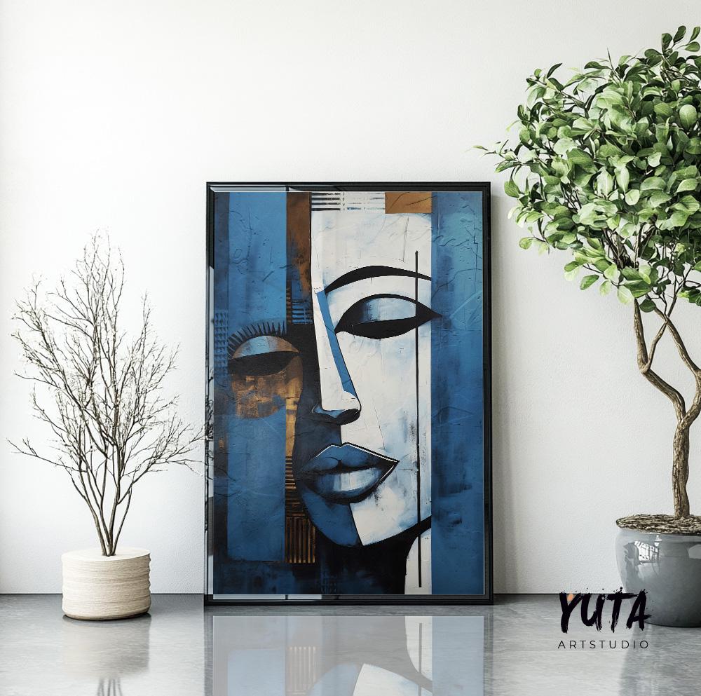 Navy blue grey woman abstract painting print. Contemporary african american art. Modern woman portrait, minimalist living room decor