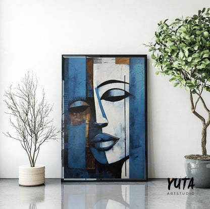 Navy blue grey woman abstract painting print. Contemporary african american art. Modern woman portrait, minimalist living room decor