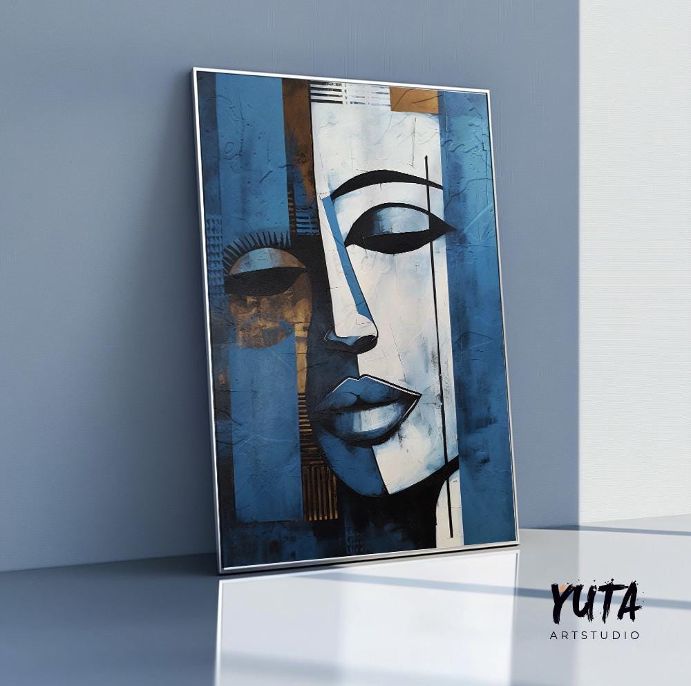 Navy blue grey woman abstract painting print. Contemporary african american art. Modern woman portrait, minimalist living room decor