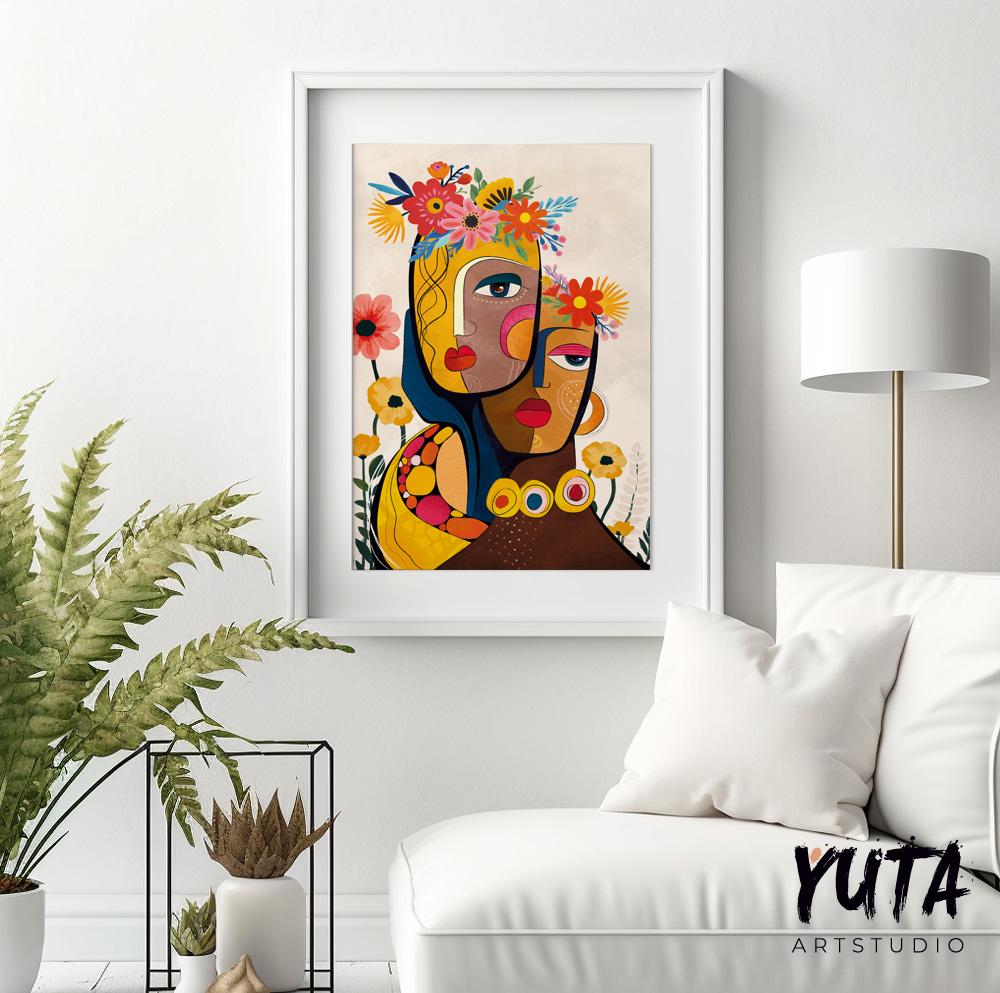 Modern abstract art print depicting a colorful African woman, enhancing any gallery wall display.