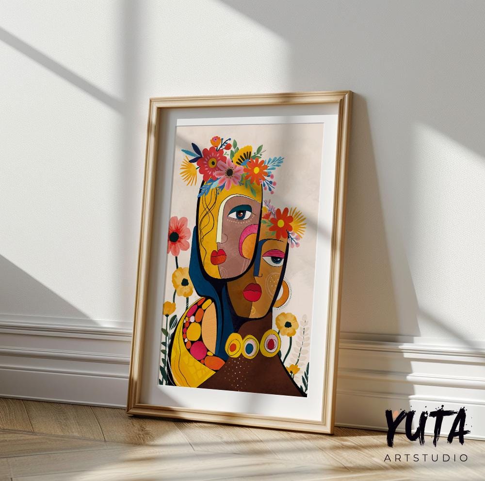 Abstract female portrait print in vivid colors, adding a unique cultural touch to home or office decor.