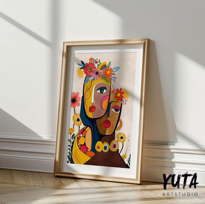 Abstract female portrait print in vivid colors, adding a unique cultural touch to home or office decor.