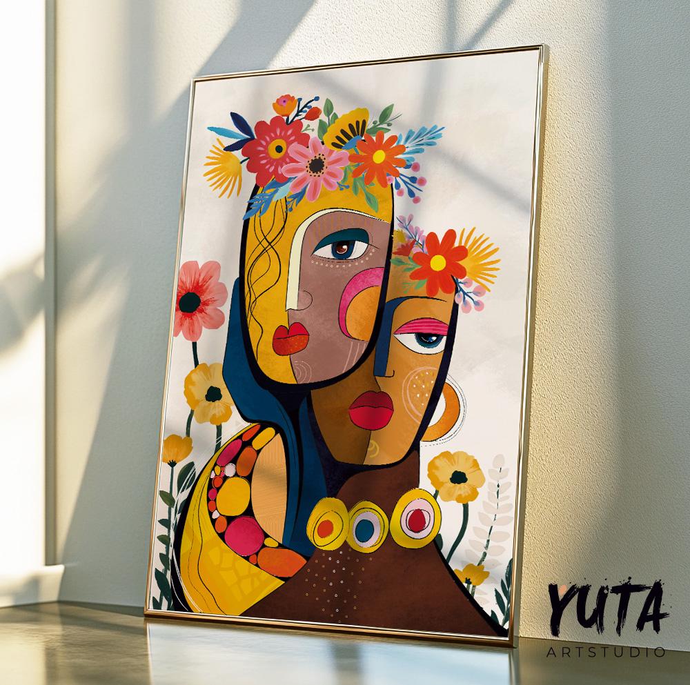 Modern abstract woman portrait print in vibrant colors, featuring African American female figure for contemporary home decor.