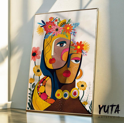 Modern abstract woman portrait print in vibrant colors, featuring African American female figure for contemporary home decor.