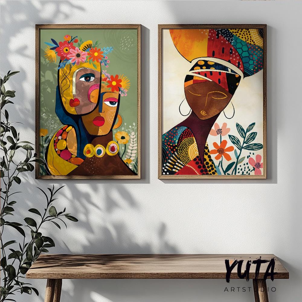 African American wall art set of 2 featuring abstract women, ideal for bohemian and ethnic home interiors