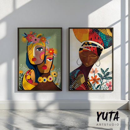 Afrocentric ethnic woman portrait wall posters, mid century modern decor in earthy terracotta color palette