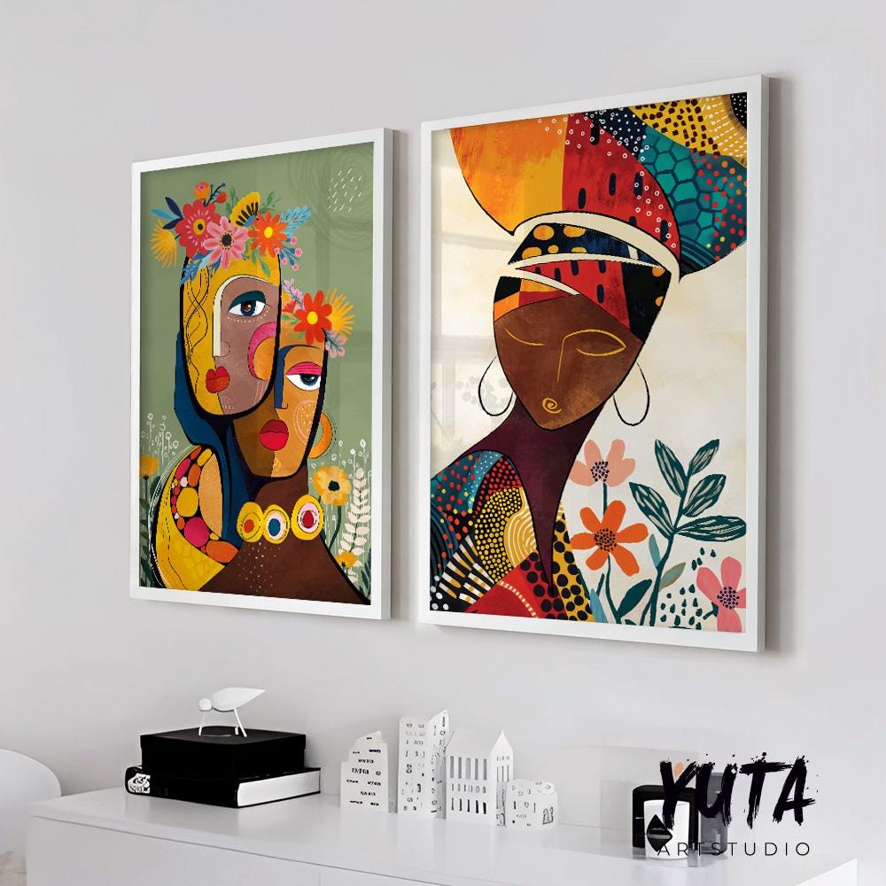 Minimalist African American art set of 2 prints, abstract women portraits in bold colors, perfect for boho chic, eclectic, or modern apartment wall art.