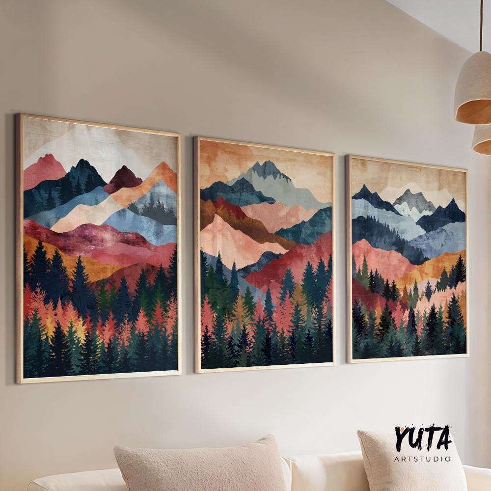 Scenic mountain range wall art in terracotta, navy blue, and green tones, printed 3 piece nature landscape poster set.