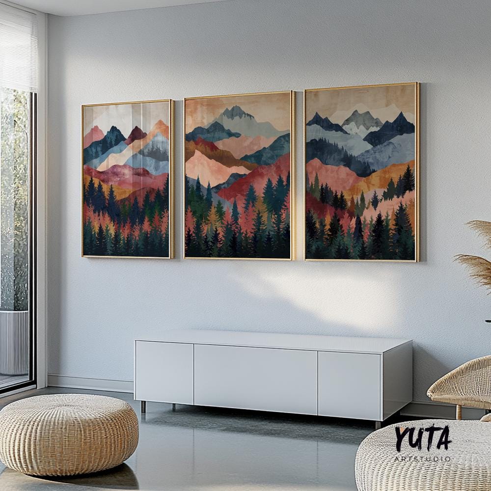 Abstract layered mountain wall prints, 3 panel forest and sunset nature artwork for rustic or contemporary interiors.