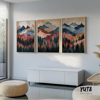 Vibrant nature mountain scene with tall evergreen forest and warm sunset tones, mid century modern wall poster set.