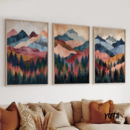 Colorful mountain wall art set of 3 prints with forest silhouette and layered sunset peaks, modern nature landscape posters.