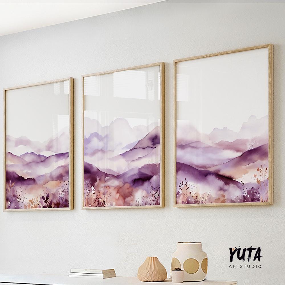 Purple minimalist mountain set of 3 print. Modern watercolor landscape gallery wall set.  Nature 3 piece wall art, lilac wall art