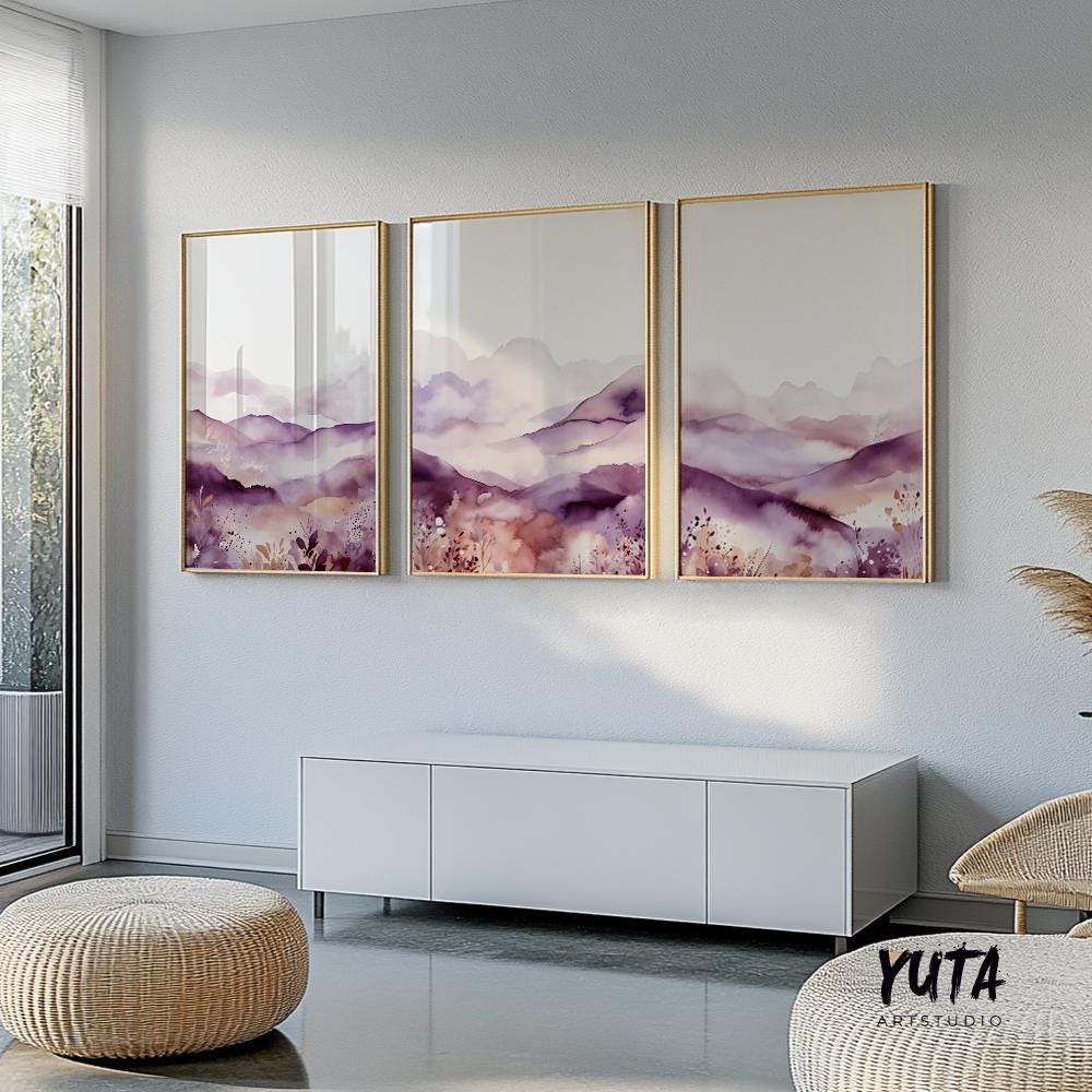Purple minimalist mountain set of 3 print. Modern watercolor landscape gallery wall set.  Nature 3 piece wall art, lilac wall art