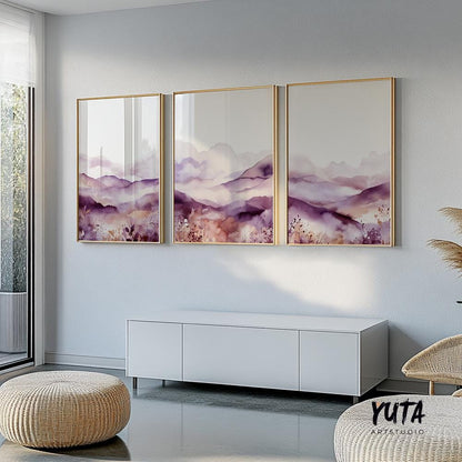 Purple minimalist mountain set of 3 print. Modern watercolor landscape gallery wall set.  Nature 3 piece wall art, lilac wall art