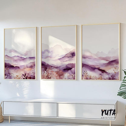 Purple minimalist mountain set of 3 print. Modern watercolor landscape gallery wall set.  Nature 3 piece wall art, lilac wall art