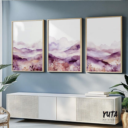 Purple minimalist mountain set of 3 print. Modern watercolor landscape gallery wall set.  Nature 3 piece wall art, lilac wall art