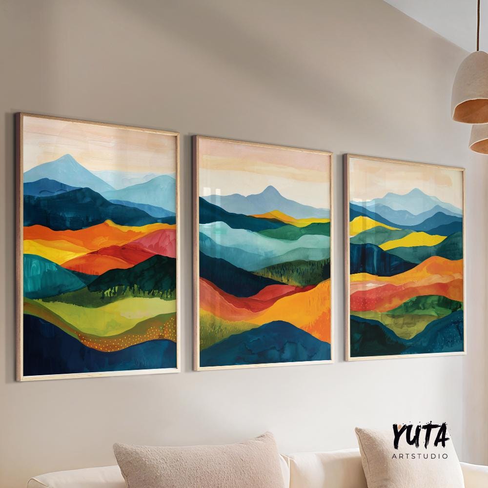 Colorful abstract mountains wall art set of 3 prints, Mid century modern large wall art prints, abstract painting, aesthetic room decor