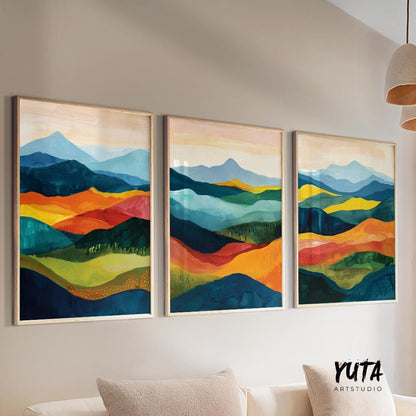 Colorful abstract mountains wall art set of 3 prints, Mid century modern large wall art prints, abstract painting, aesthetic room decor