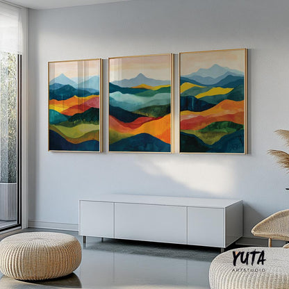 Colorful abstract mountains wall art set of 3 prints, Mid century modern large wall art prints, abstract painting, aesthetic room decor
