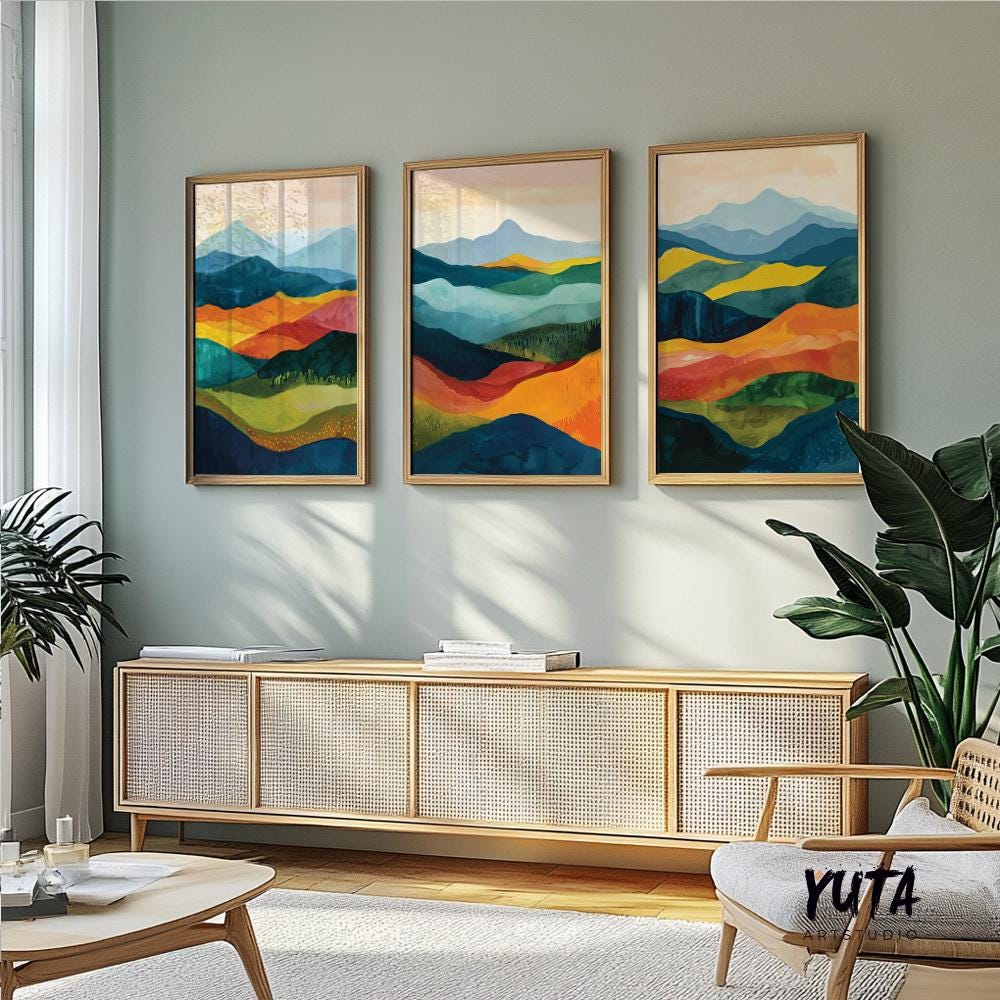 Colorful abstract mountains wall art set of 3 prints, Mid century modern large wall art prints, abstract painting, aesthetic room decor