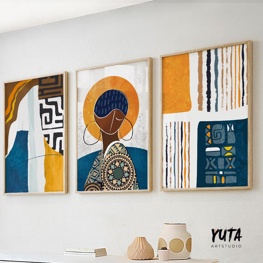 Colorful African American wall art set of 3, vibrant abstract portraits of black women, Afrocentric room decoration.