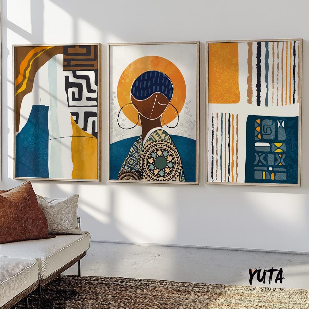 Abstract African American wall art set of 3, contemporary colorful black women portrait posters for ethnic home decor.