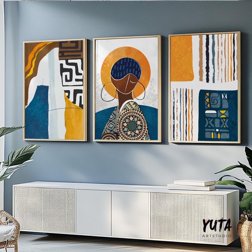 Colorful abstract African art prints set of 3, modern black women portraits, vibrant Afrocentric gallery wall decoration.