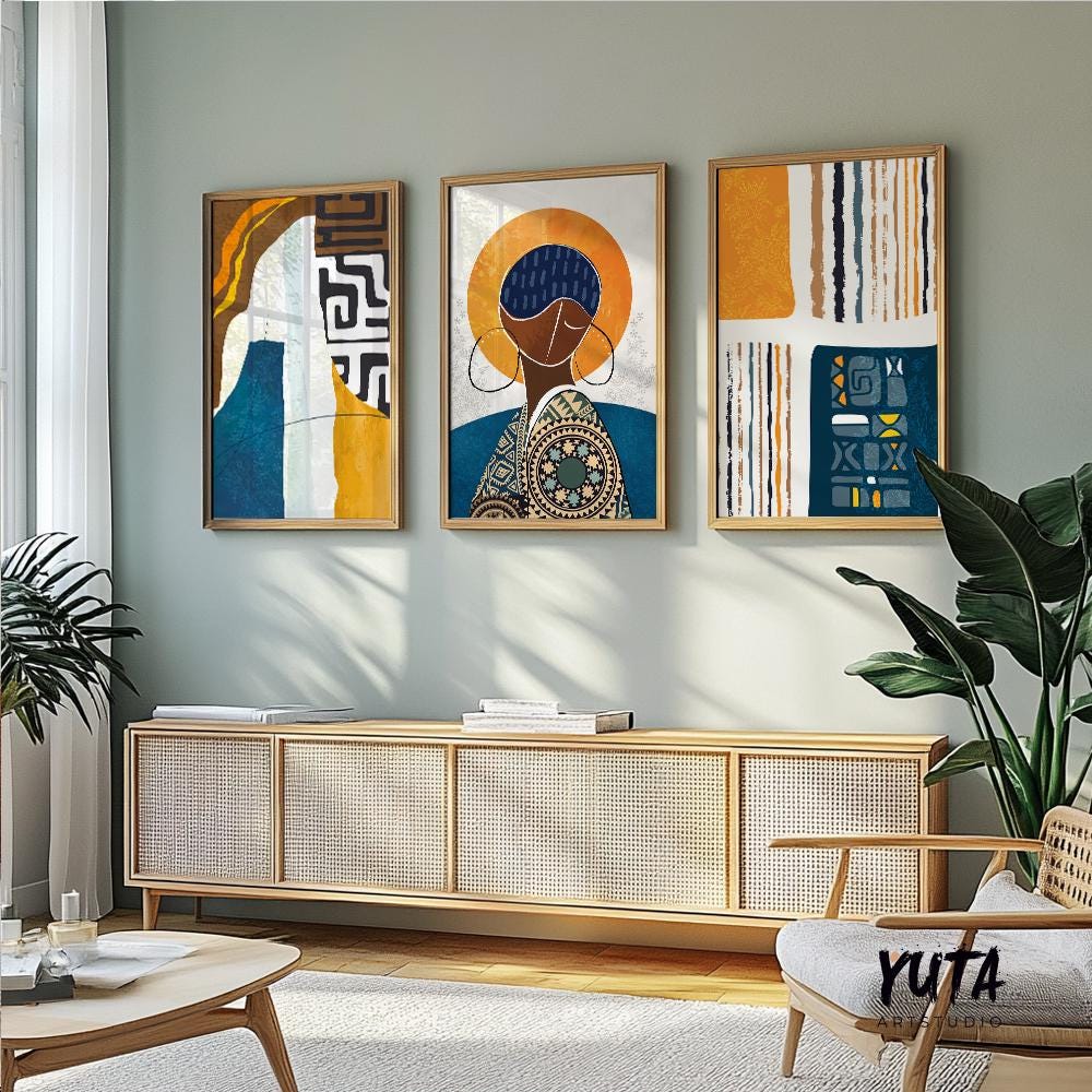 Afrocentric abstract art set of 3 prints, colorful black woman portraits, modern gallery wall decoration for apartments.