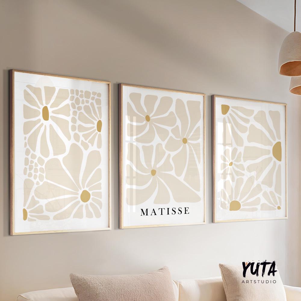 Three neutral beige abstract floral prints in light frames, each measuring 20x30 inches