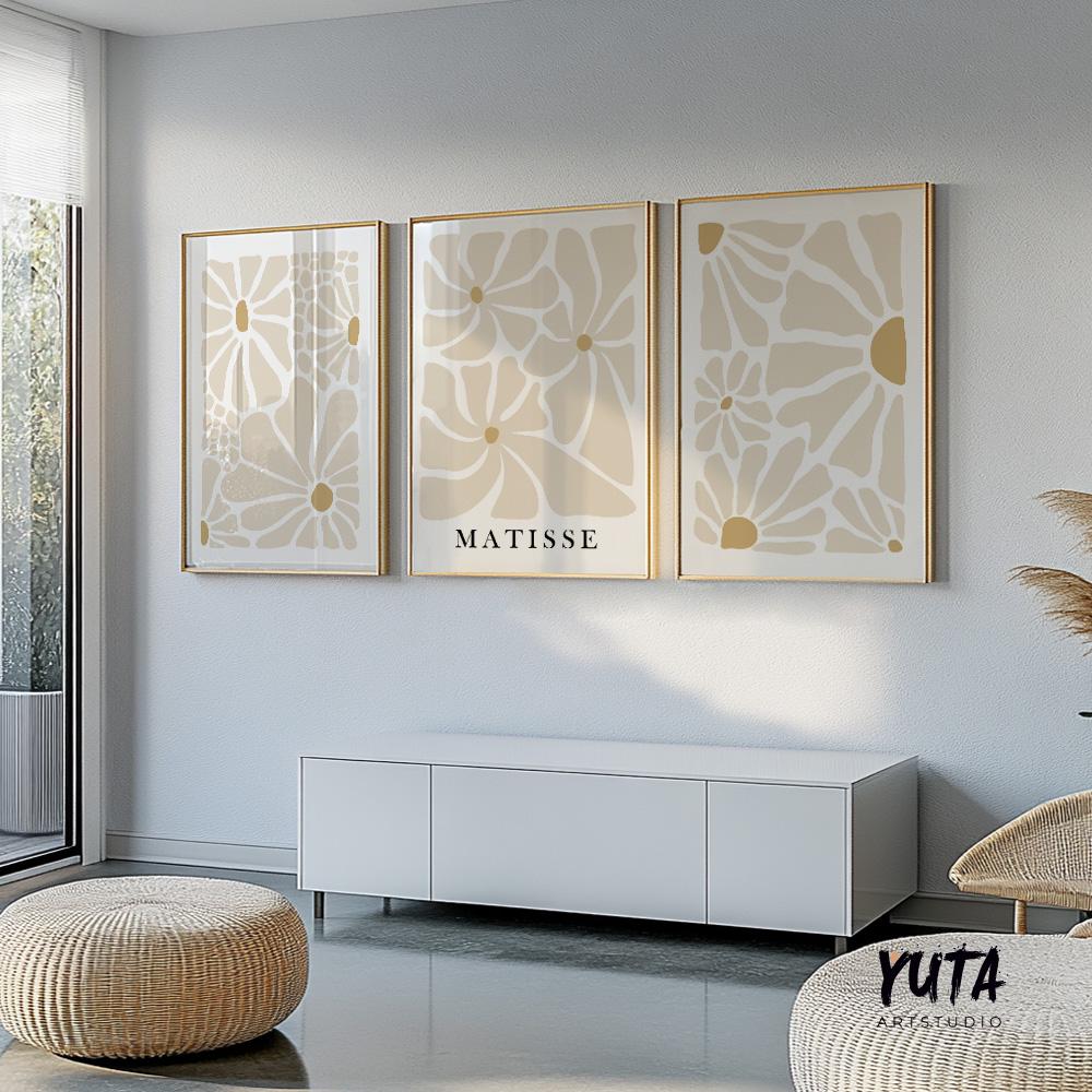 Three abstract beige floral Matisse prints in slim gold frames, ready to ship in protective packaging.