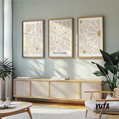 Beige abstract floral Matisse prints in natural wood frames, three-piece gallery wall set