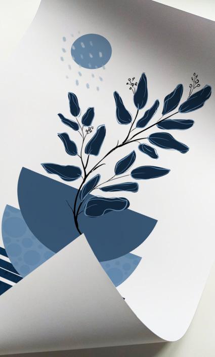 Abstract navy blue botanical print with geometric shapes on unframed matte paper.