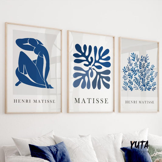 Navy blue Matisse print set of 3 prints. Neutral minimalist mid century modern gallery wall set, vintage trendy Henri Matisse posters.