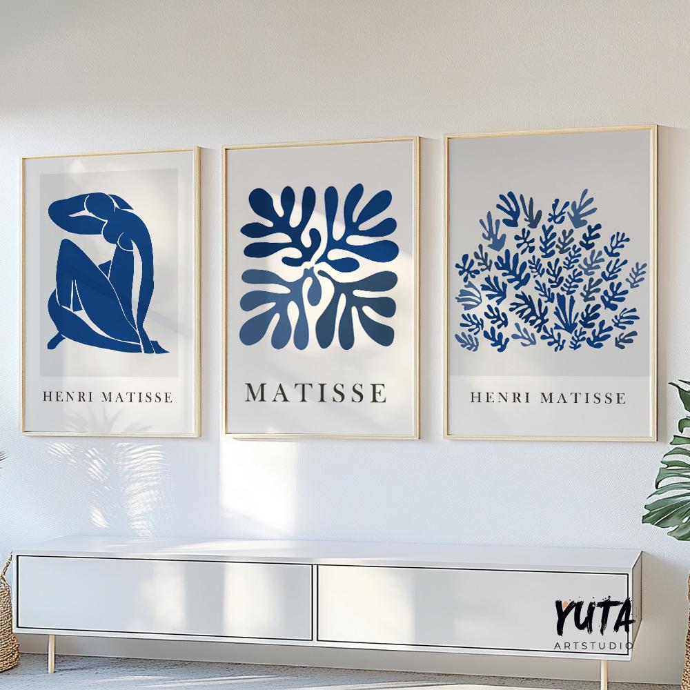 Navy blue Matisse print set of 3 prints. Neutral minimalist mid century modern gallery wall set, vintage trendy Henri Matisse posters.