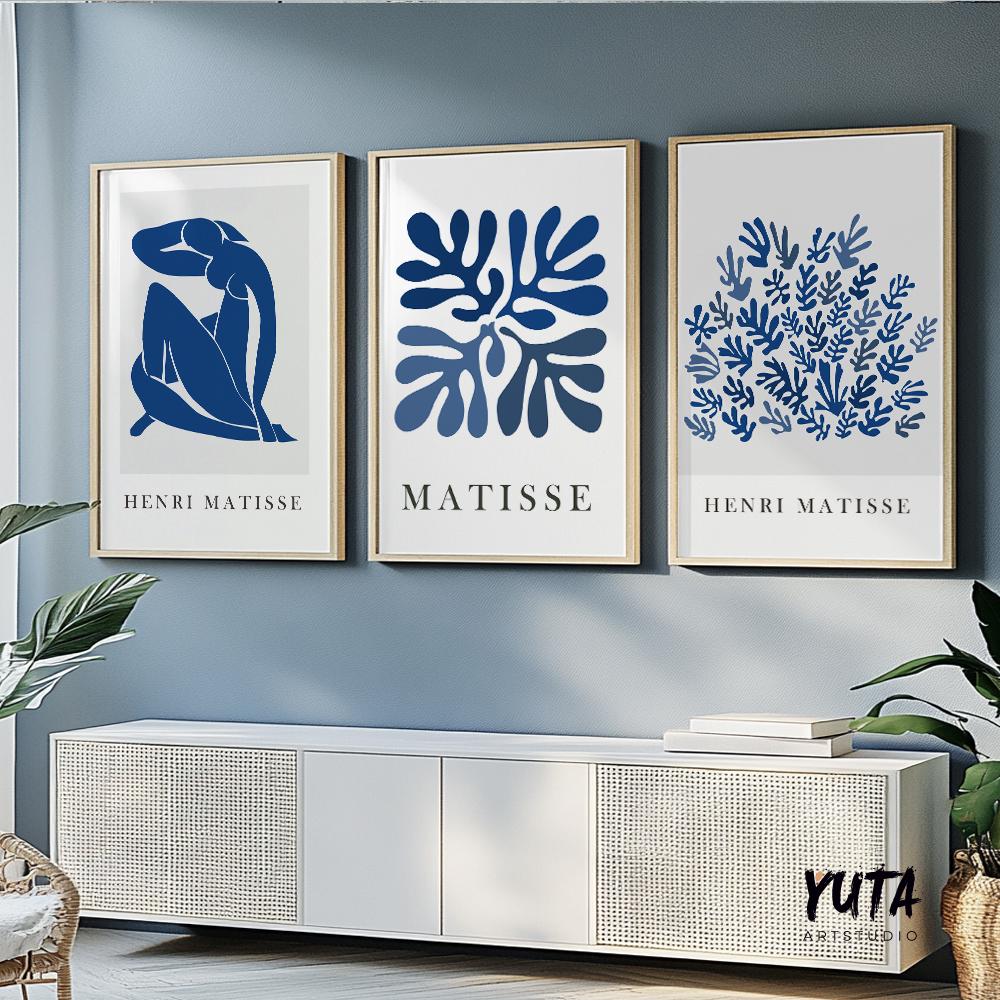 Navy blue Matisse print set of 3 prints. Neutral minimalist mid century modern gallery wall set, vintage trendy Henri Matisse posters.